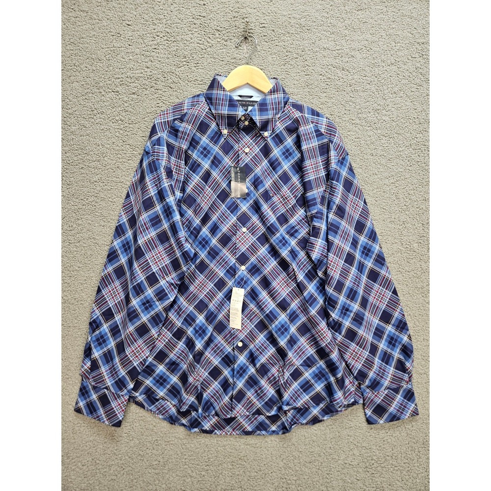 NWT Tommy Hilfiger Button Down Shirt XL Blue Plaid Cotton Preppy Classic Ivy
